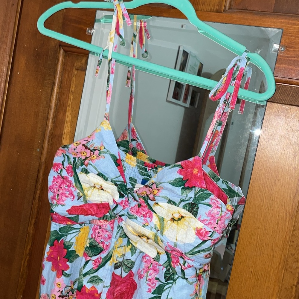 Old Navy Jumpsuit Womens S Pink Blue Floral Linen Blend Vacation Tropical - Picture 9 of 13